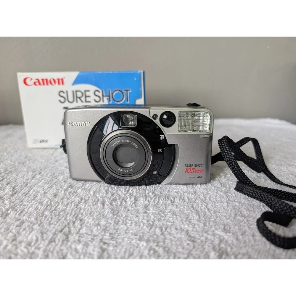 Canon Sure Shot 60 Zoom Shot 35mm Point & Shoot Film Camera Works Extra Film Box